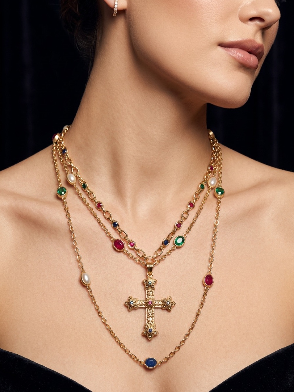 Gold Multi-Stone Layered Cross Necklace - Women Jewelry (2pc)